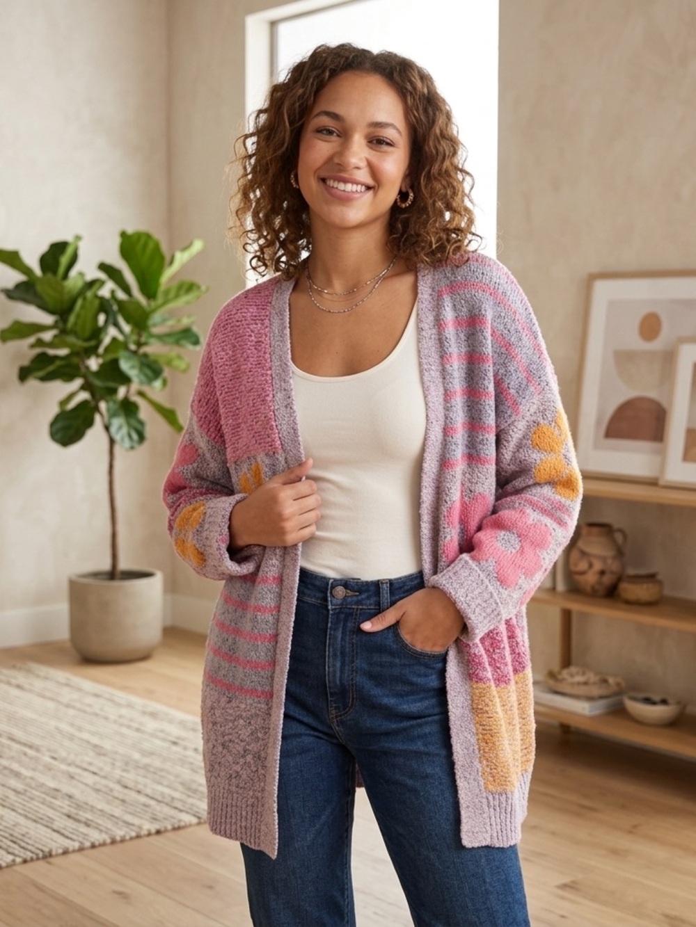 Sincerely Jules Boho Pink Floral Stripe Open-Front Cardigan Cozy Barbiecore EUC
